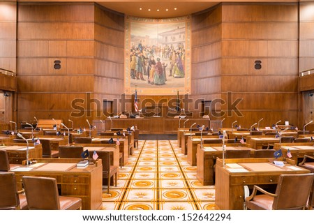 SALEM, OREGON - AUGUST 9: Am empty Senate Chamber of the Oregon State Capitol building on August 9, 2013 in Salem, Oregon