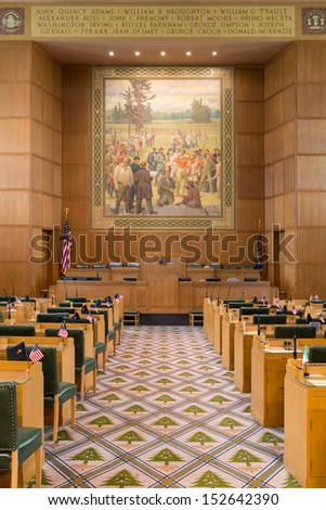 SALEM, OREGON - AUGUST 9: An empty House of Representatives chamber of the Oregon State Capitol building on August 9, 2013 in Salem, Oregon