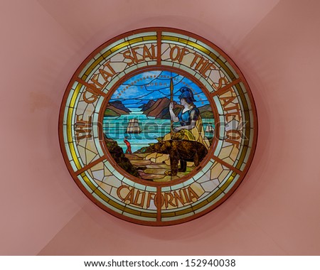 SACRAMENTO, CALIFORNIA - AUGUST 13: Stained glass state seal on the ceiling of the California State Capitol building on August 13, 2013 in Sacramento, California