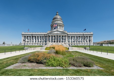 Entrance of the Utah State Capitol building on Capitol Hill in Salt Lake City