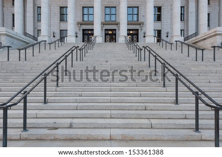 Stairs to the front entrance of the Utah State Capitol building on Capitol Hill in Salt Lake City