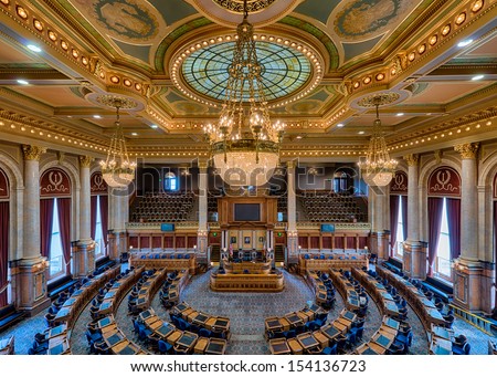 DES MOINES, IOWA - AUGUST 19: An empty House of Representatives Chamber of the Iowa State Capitol building on August 19, 2013 in Des Moines, Iowa