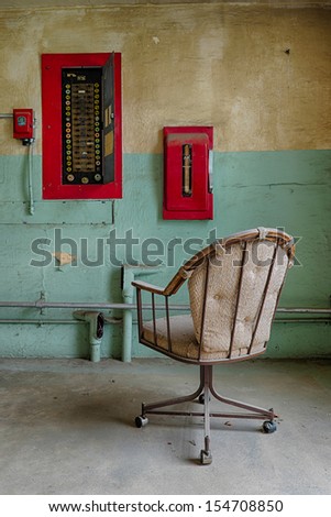 BOISE, IDAHO - JULY 31: Empty chair in front of a fuse box at the Old Idaho State Penitentiary on July 31, 2013 in Boise, Idaho