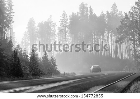 A car drives on a foggy Grand Loop Road in the Lower Geyser Basin area of Yellowstone National Park, Wyoming