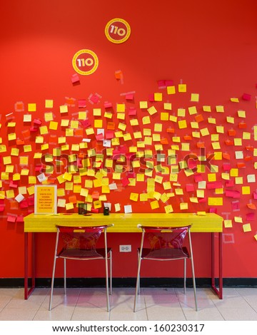 OAK PARK, ILLINOIS - OCTOBER 25: The Idea Box room with colorful Post It Notes on the walls at the Oak Park Public Library on October, 25, 2013 in Oak Park, Illinois