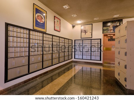 OAK PARK, ILLINOIS - OCTOBER 25: Wall of postal boxes and lockers inside the Charles White designed United States Post Office on October 25, 2013 in Oak Park, Illinois