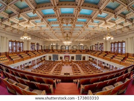 AUSTIN, TEXAS - JANUARY 6: The House of Representatives Chamber from the balcony of the Texas State Capitol building on January 6, 2014 in Austin, Texas