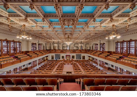 AUSTIN, TEXAS - JANUARY 6: The House of Representatives Chamber from the balcony of the Texas State Capitol building on January 6, 2014 in Austin, Texas
