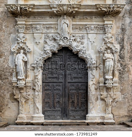 SAN ANTONIO, TEXAS - JANUARY 6, 2014: Front door to the Mission San Jose, also known at the Queen of the Missions, on January 6, 2014 in San Antonio, Texas