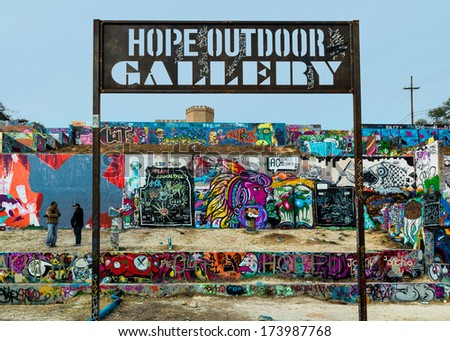 AUSTIN, TEXAS - JANUARY 6: Graffiti at the Hope Outdoor Gallery, or Graffiti Park, on January 6, 2014 in Austin, Texas