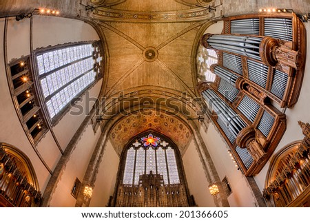 CHICAGO, ILLINOIS - JUNE 27: Ceiling of the Rockefeller Chapel on the campus of the University of Chicago on June 27, 2014 in Chicago, Illinois