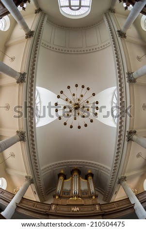 FULTON, MISSOURI - JULY 20: Pipe organ and chandelier of the ceiling of the Church of St. Mary the Virgin on Westminster Avenue on July 20, 2014 in Fulton, Missouri