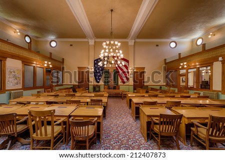 PHOENIX, ARIZONA - AUGUST 6: Interior of the original House of Representatives in the Arizona State Capitol building on August 6, 2014 in Phoenix, Arizona