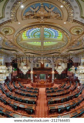 SPRINGFIELD, ILLINOIS - AUGUST 11: Newly renovated House of Representatives chamber in the Illinois State Capitol building on August 11, 2014 in Springfield, Illinois