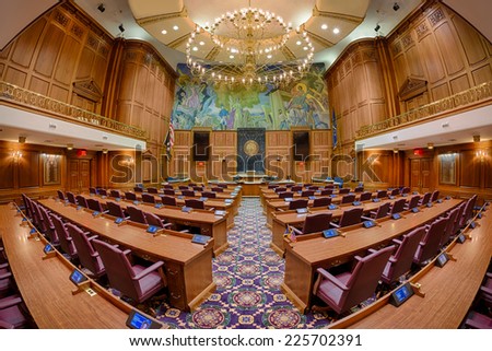 INDIANAPOLIS, INDIANA - OCTOBER 23: Fisheye perspective of the House of Representatives Chamber of the Indiana State Capitol building on October 23, 2014 in Indianapolis, Indiana