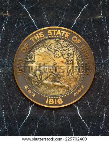 INDIANAPOLIS, INDIANA - OCTOBER 23: State Seal on display in the House of Representatives Chamber of the Indiana State Capitol building on October 23, 2014 in Indianapolis, Indiana
