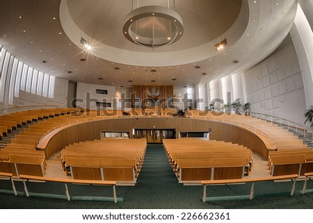 COLUMBUS, INDIANA - OCTOBER 22, 2014: Interior of an empty St. Peter\'s Lutheran Church (1964) on October 22, 2014 in Columbus, Indiana