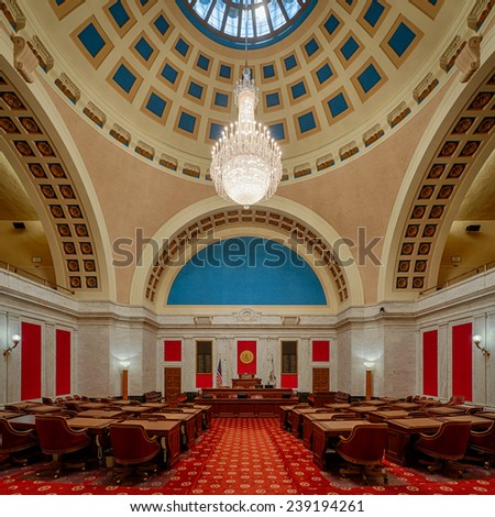 CHARLESTON, WEST VIRGINIA - DECEMBER 17: Senate chamber of the West Virginia State Capitol building on December 17, 2014 in Charleston, West Virginia