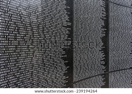 CHARLESTON, WEST VIRGINIA - DECEMBER 18: Names (WWII) etched in marble of the Veterans Memorial on the grounds of the West Virginia State Capitol on December 18, 2014 in Charleston, West Virginia