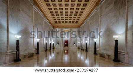 CHARLESTON, WEST VIRGINIA - DECEMBER 17: Marble corridor in the West Virginia State Capitol building on December 17, 2014 in Charleston, West Virginia