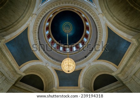 CHARLESTON, WEST VIRGINIA - DECEMBER 18: Crystal chandelier hanging from the dome of the West Virginia State Capitol building on December 18, 2014 in Charleston, West Virginia