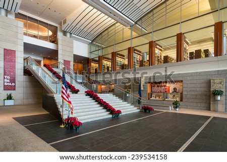 RICHMOND, VIRGINIA - DECEMBER 15: Lobby of the Library of Virginia decorated for the holidays on December 15, 2014 in Richmond, Virginia