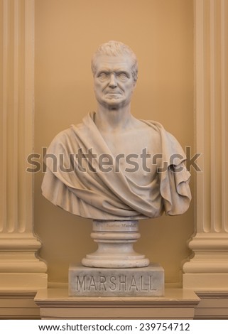 RICHMOND, VIRGINIA - DECEMBER 15: Marble bust of John Marshall, Chief Justice of the United States, in the Old House chamber of the Virginia State Capitol on December 15, 2014 in Richmond, Virginia