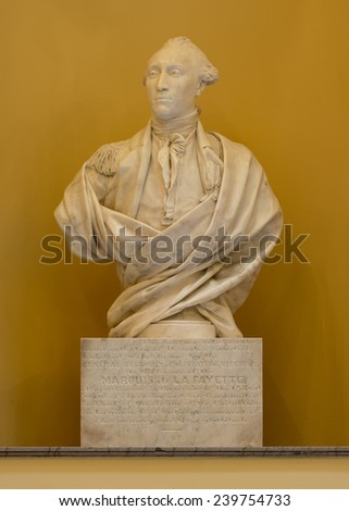 RICHMOND, VIRGINIA - DECEMBER 14: Bust of the Marquis de Lafayette in the Virginia State Capitol on December 14, 2014 in Richmond, Virginia