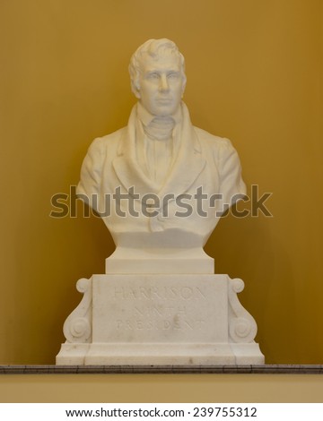 RICHMOND, VIRGINIA - DECEMBER 14: Bust of President William Henry Harrison in the Virginia State Capitol on December 14, 2014 in Richmond, Virginia