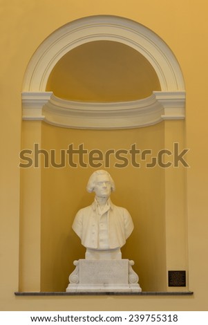 RICHMOND, VIRGINIA - DECEMBER 14: Bust of President Thomas Jefferson in the Virginia State Capitol on December 14, 2014 in Richmond, Virginia