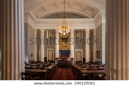 RALEIGH, NORTH CAROLINA - DECEMBER 12: Historic House of Representatives chamber of the North Carolina State Capitol building on December 12, 2014 in Raleigh, North Carolina