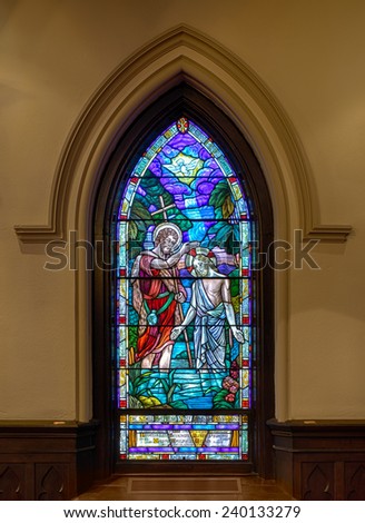 RALEIGH, NORTH CAROLINA - DECEMBER 12: Stained glass window in the Church of the Good Shepherd on December 12, 2014 in Raleigh, North Carolina