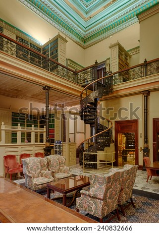 COLUMBIA, SOUTH CAROLINA - DECEMBER 9:  Spiral cast iron staircase in the Joint Legislative Conference Room (Library) of the South Carolina State House on December 9, 2014 in Columbia, South Carolina