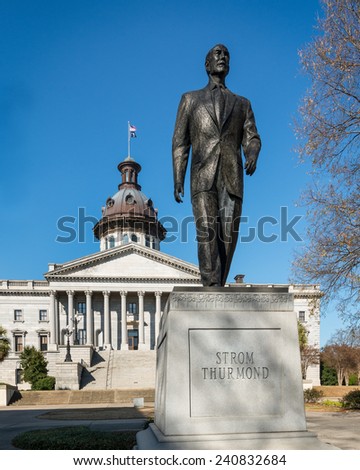 COLUMBIA, SOUTH CAROLINA - DECEMBER 9: Statue of Strom Thurmond on the south side of the South Carolina State House on December 9, 2014 in Columbia, South Carolina