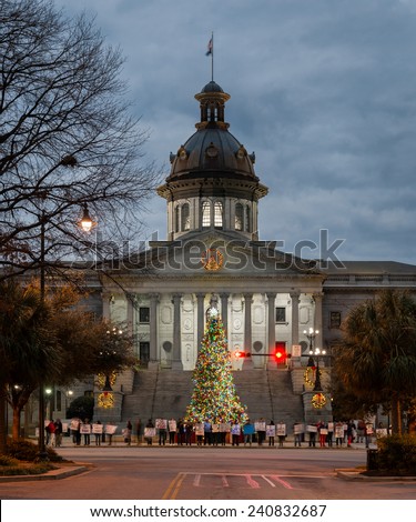 COLUMBIA, SOUTH CAROLINA - DECEMBER 9: Police brutality protesters line the street in front of the South Carolina State House on December 9, 2014 in Columbia, South Carolina