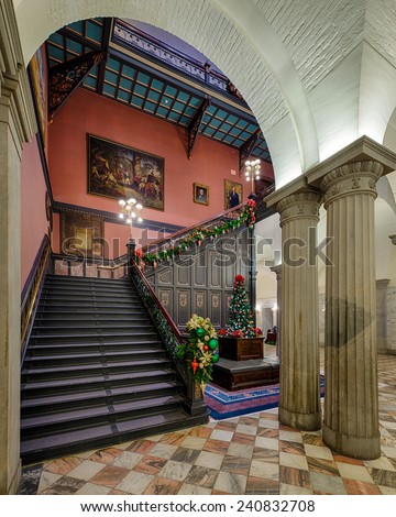 COLUMBIA, SOUTH CAROLINA - DECEMBER 9:  Staircase connecting the first floor to the main lobby of the South Carolina State House on December 9, 2014 in Columbia, South Carolina
