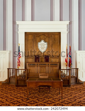MONTGOMERY, ALABAMA - DECEMBER 3: Podium in the Old House of Representatives chamber in the Alabama State Capitol building on December 3, 2014 in Montgomery, Alabama