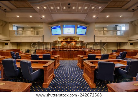 MONTGOMERY, ALABAMA - DECEMBER 3: Newly renovated Senate chamber in the Alabama State House on December 3, 2014 in Montgomery, Alabama
