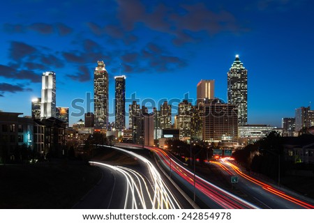 ATLANTA, GEORGIA - DECEMBER 2: Downtown Atlanta (east side) at dusk from the Jackson Street Bridge on December 2, 2014 in Atlanta, Georgia