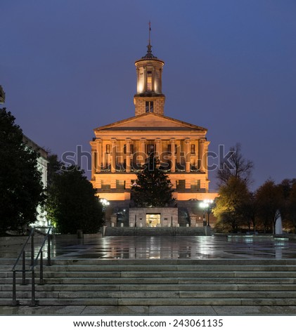 NASHVILLE, TENNESSEE - DECEMBER 1: Rainy night at the Tennessee State Capitol building on December 1, 2014 in Nashville, Tennessee