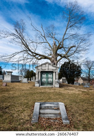 URBANA, ILLINOIS - MARCH 14: Mausoleum at the Mount Hope Cemetery on the campus of the University of Illinois on March 14, 2015 in Urbana, Illinois