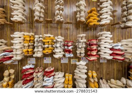HOLLAND, MICHIGAN - MAY 13: Wooden shoes for sale at the Veldheer Tulip Gardens on May 13, 2015 in Holland, Michigan