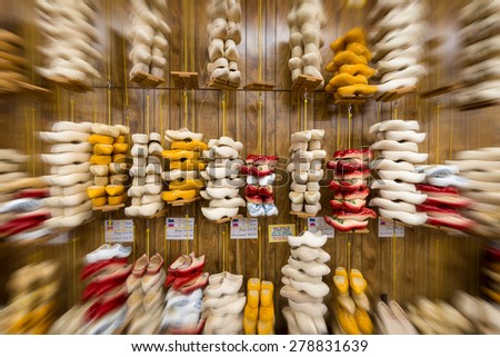 HOLLAND, MICHIGAN - MAY 13: Wooden shoes for sale at the Veldheer Tulip Gardens on May 13, 2015 in Holland, Michigan