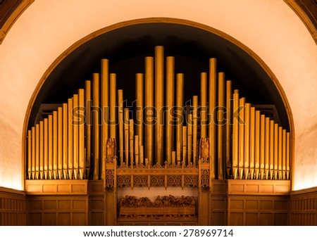 HOLLAND, MICHIGAN - MAY 12: Pipe organ inside the Hope Church on May 12, 2015 in Holland, Michigan
