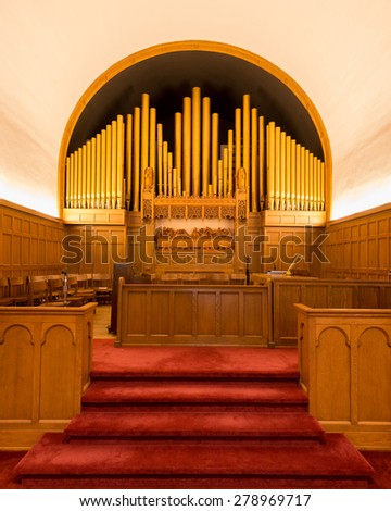 HOLLAND, MICHIGAN - MAY 12: Steps leading up to the altar and pipe organ in the Hope Church on May 12, 2015 in Holland, Michigan