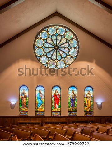 HOLLAND, MICHIGAN - MAY 12: Stained glass windows inside Hope Church on May 12, 2015 in Holland, Michigan