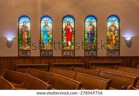 HOLLAND, MICHIGAN - MAY 12: Stained glass windows inside the Hope Church on May 12, 2015 in Holland, Michigan