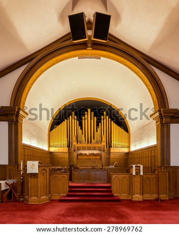 HOLLAND, MICHIGAN - MAY 12: Pipe organ in the Hope Church on May 12, 2015 in Holland, Michigan