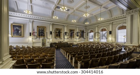 CONCORD, NEW HAMPSHIRE - JULY 28: Rep's Hall, or House of Representatives chamber of the New Hampshire State House on July 28, 2015 in Concord, New Hampshire