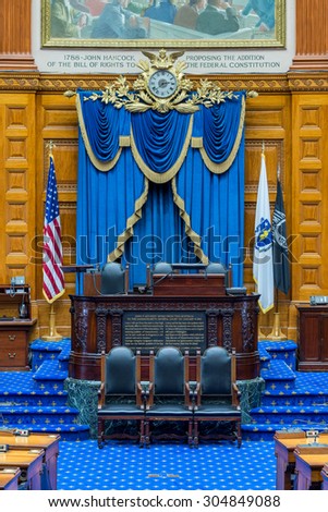 BOSTON, MASSACHUSETTS - JULY 27: Rostrum in the House of Representatives chamber in the Massachusetts State House on July 27, 2015 in Boston, Massachusetts